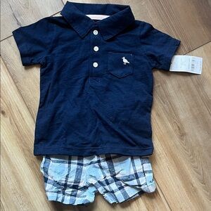 Carter's 12MO New Dark Blue Polo with Plaid Shorts Set